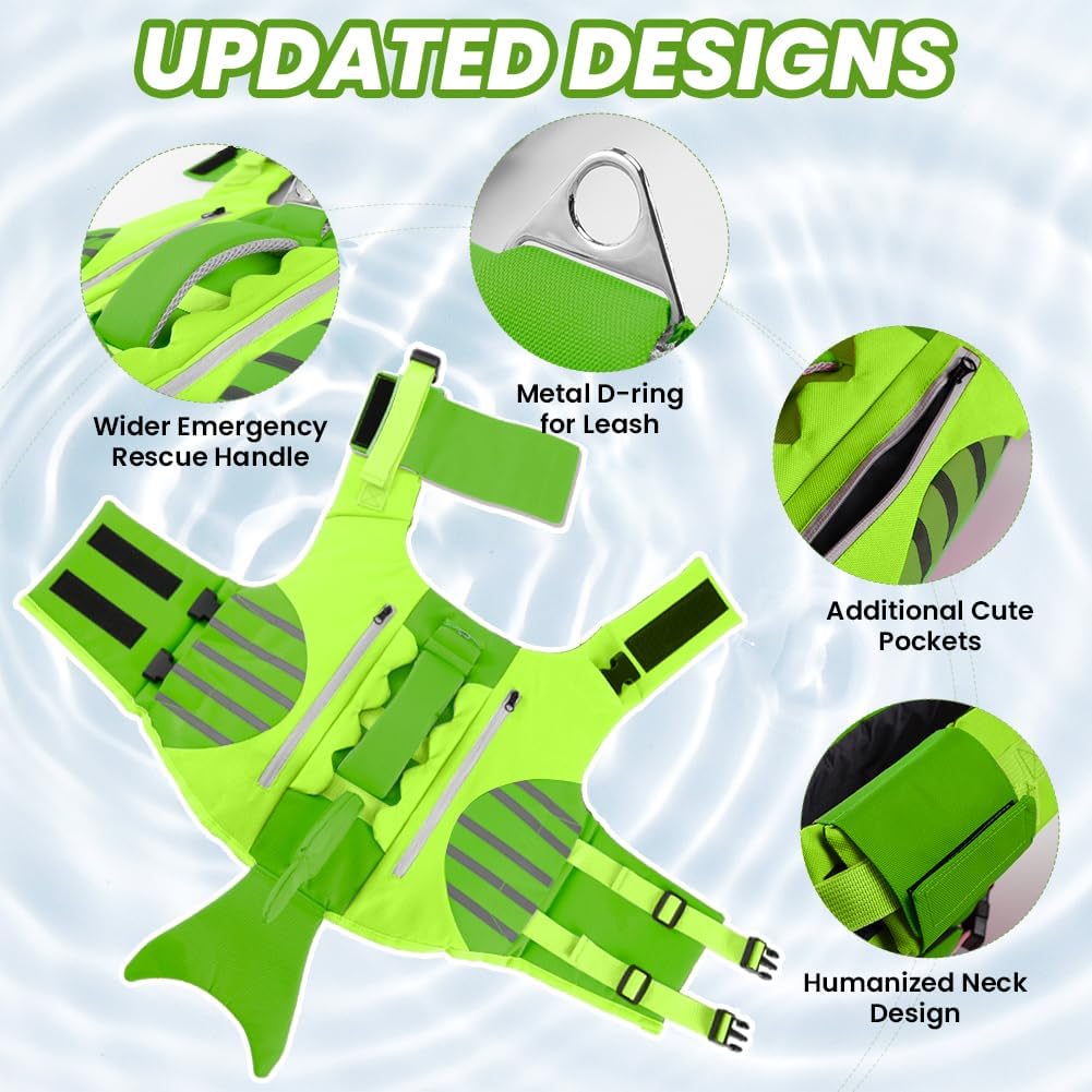 Neon Green Dog Life Jacket with Dinosaur Fish Tail Design | Buoyancy Vest for Small to Medium Dogs | Reflective Trim + Handle