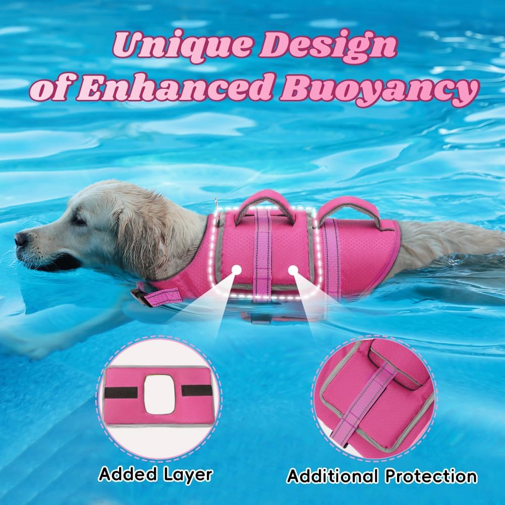 Magenta Dog Life Jacket with Dual Rescue Handles | High Buoyancy Swim Vest for Medium & Large Dogs | Multiple Sizes + Reflective Trim + Safety Straps