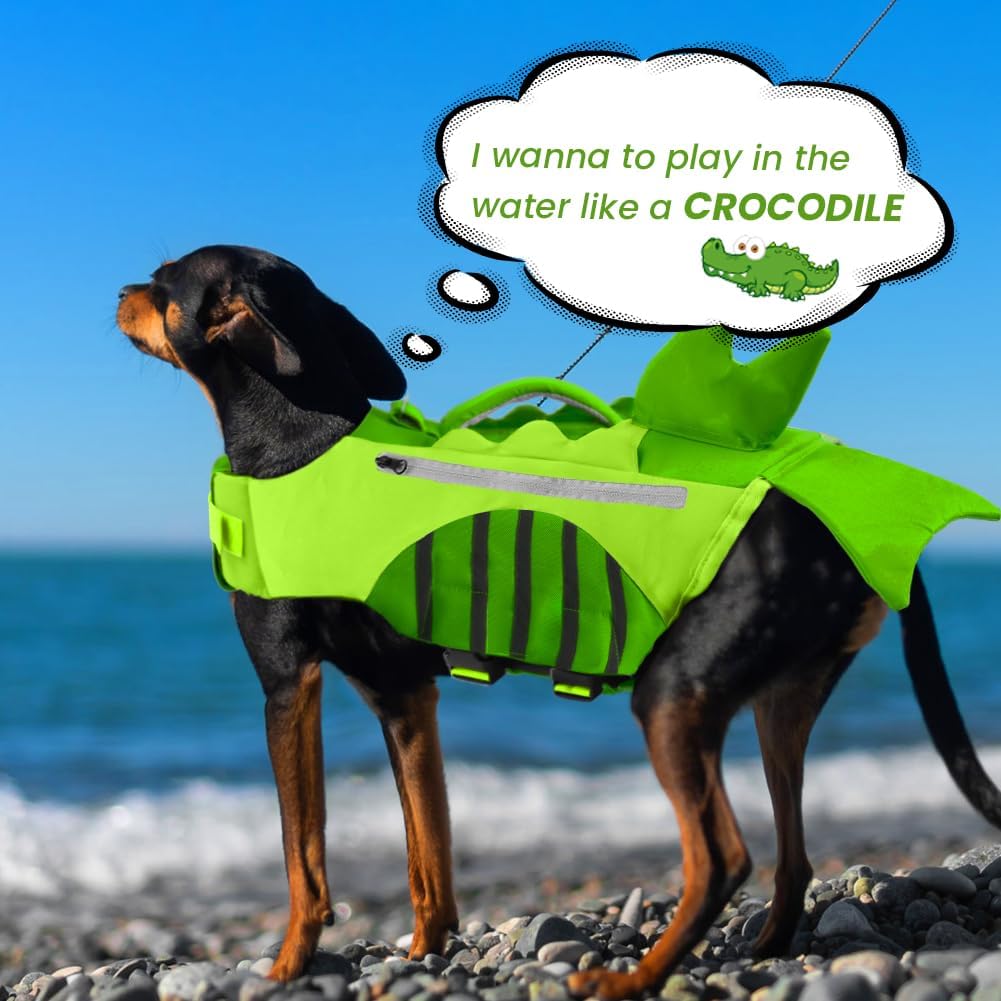 Neon Green Dog Life Jacket with Dinosaur Fish Tail Design | Buoyancy Vest for Small to Medium Dogs | Reflective Trim + Handle