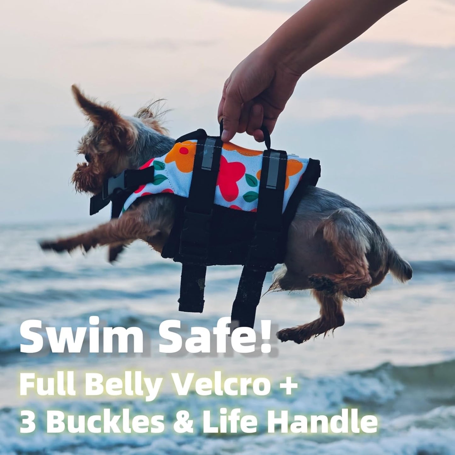 Cartoon Floral Dog Life Jacket – Lightweight Swim Vest for Extra Small Dogs | Safety Handle + Reflective Trim + Adjustable Fit (Chest 10"–14")