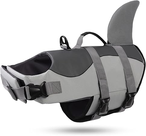 Shark Fin Dog Life Jacket – Grey Buoyancy Vest for Medium & Large Dogs | Adjustable Safety Floatation with Top Handle