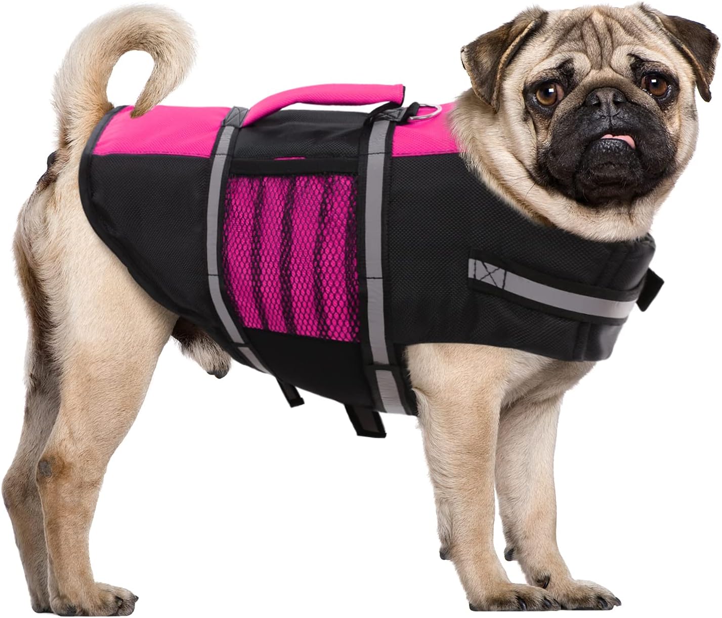 Small Dog Life Jacket – Lightweight Pink & Black Buoyancy Vest for Extra Small Dogs | Safety Handle + Reflective Strips + Mesh Sides