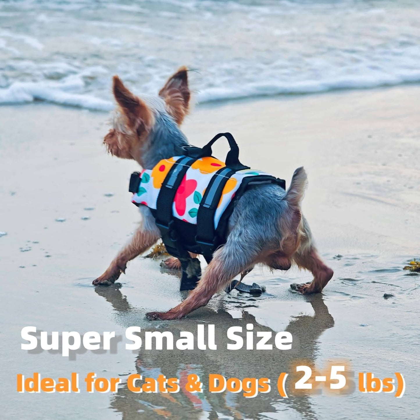 Cartoon Floral Dog Life Jacket – Lightweight Swim Vest for Extra Small Dogs | Safety Handle + Reflective Trim + Adjustable Fit (Chest 10"–14")