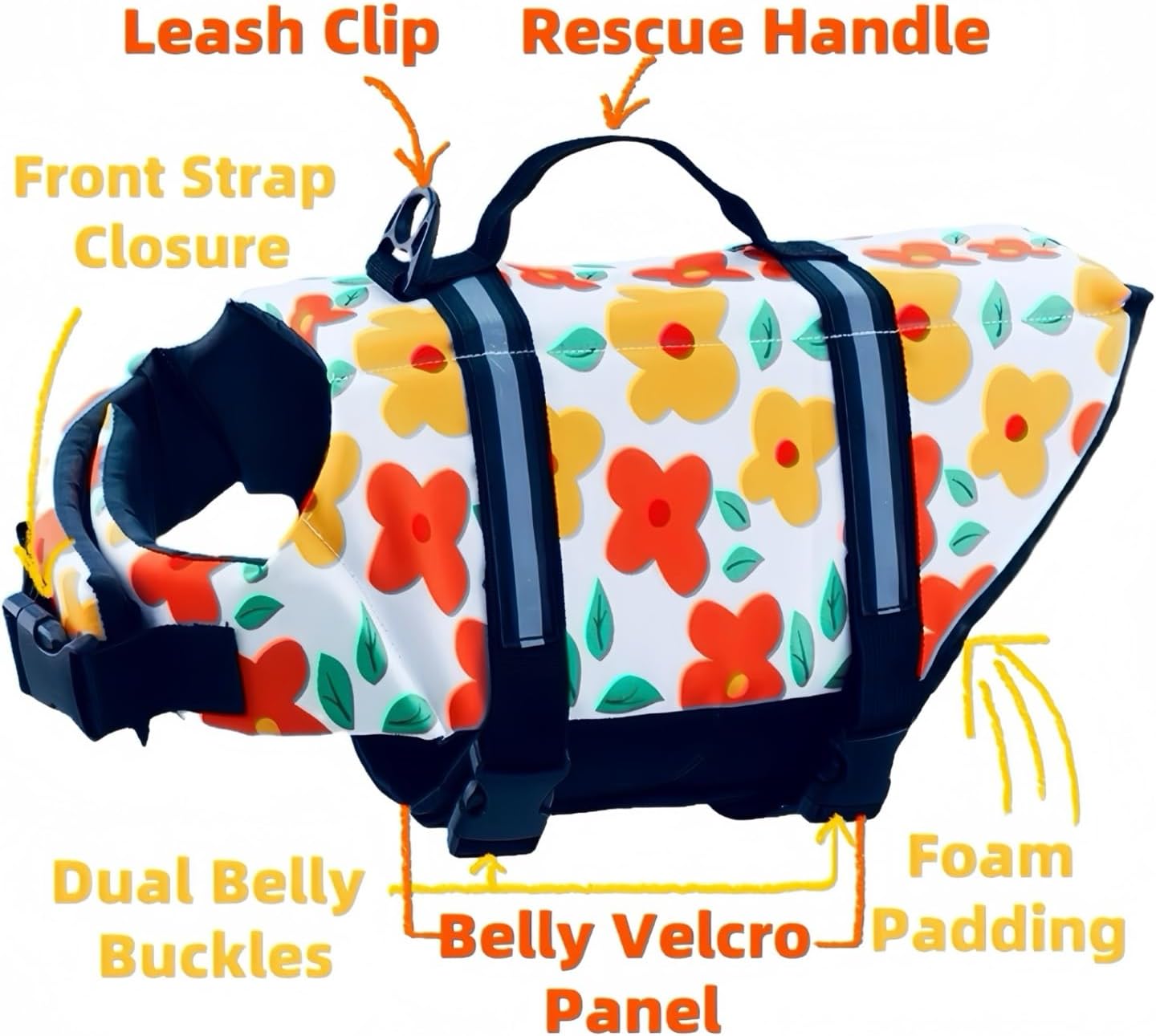 Cartoon Floral Dog Life Jacket – Lightweight Swim Vest for Extra Small Dogs | Safety Handle + Reflective Trim + Adjustable Fit (Chest 10"–14")