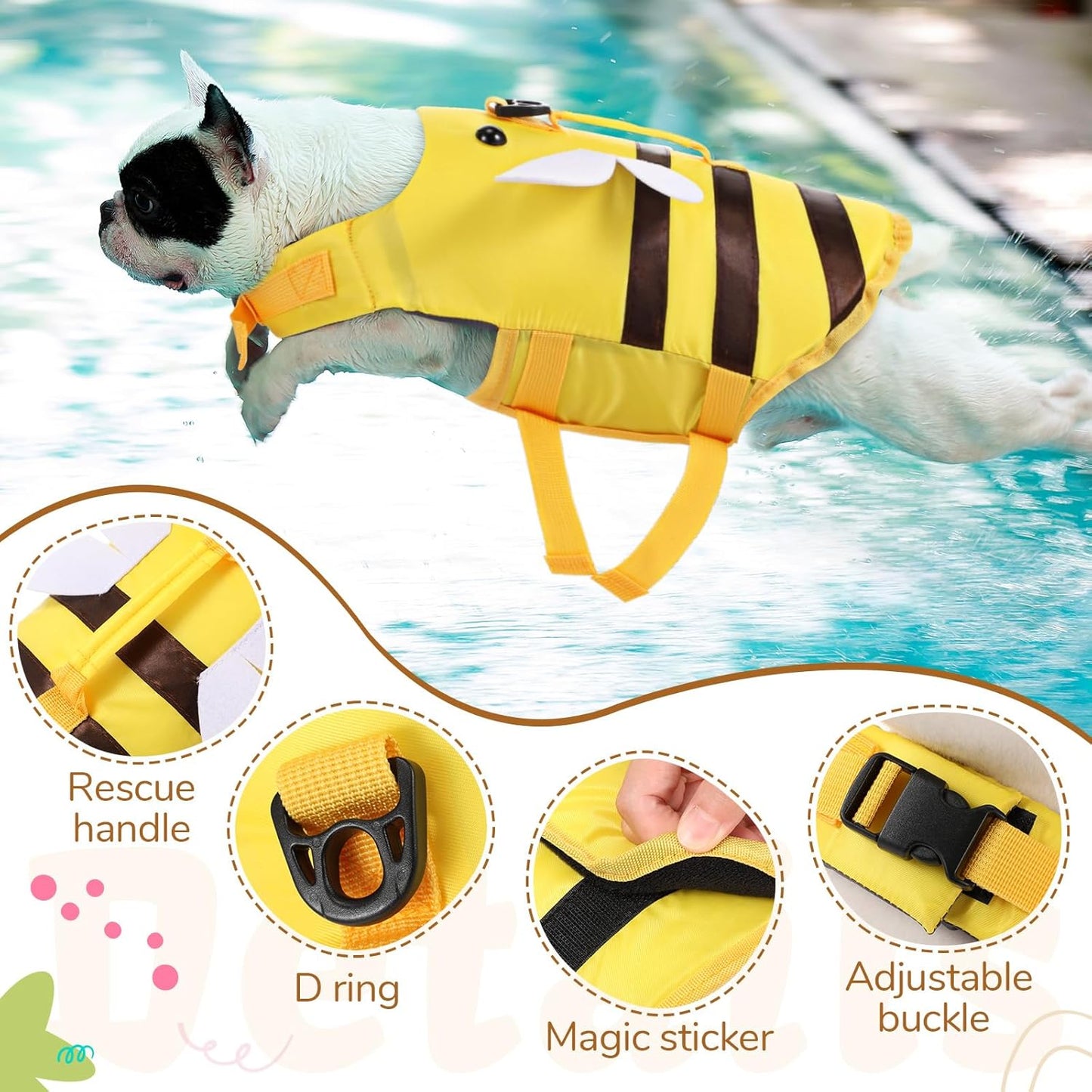 Bee Style Dog Life Jacket – Yellow Swim Vest with Wings for Small Dogs | Safety Handle + Reflective Strips + Buoyancy Support