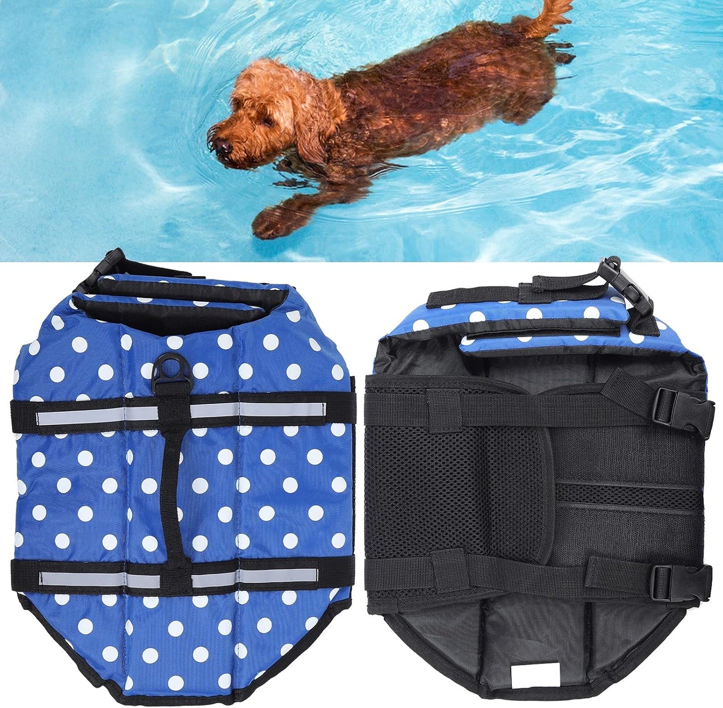 Blue Polka Dot Dog Life Jacket – Buoyant Swim Vest for Small & Medium Dogs | Safety Straps + Rescue Handle + Reflective Strips
