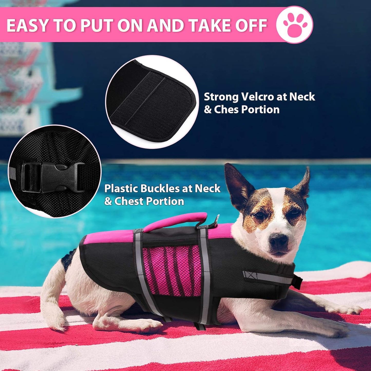 Small Dog Life Jacket – Lightweight Pink & Black Buoyancy Vest for Extra Small Dogs | Safety Handle + Reflective Strips + Mesh Sides