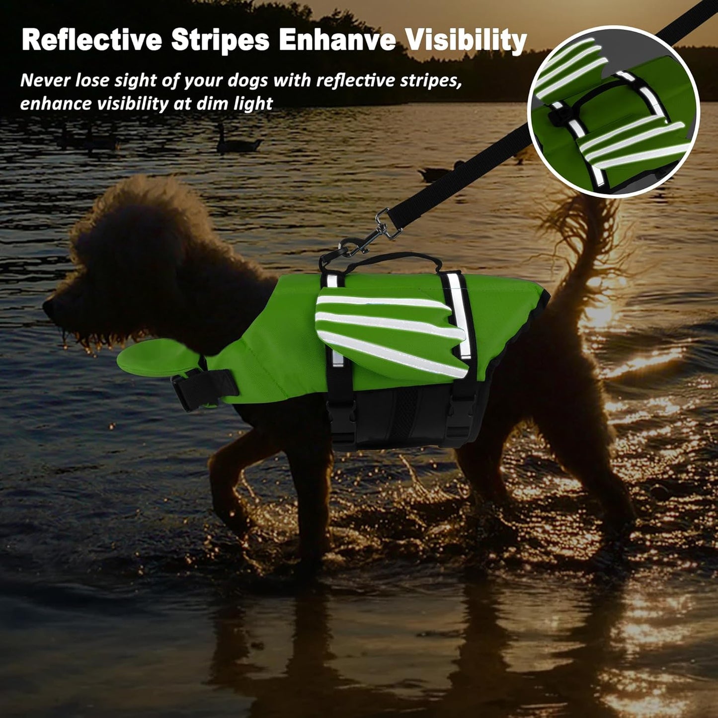 Reflective Green Dog Life Jacket with Wing Fins | Buoyancy Vest for Small & Medium Dogs (Chest 16.1"-24.8") | Safety Handle + Visibility Strips