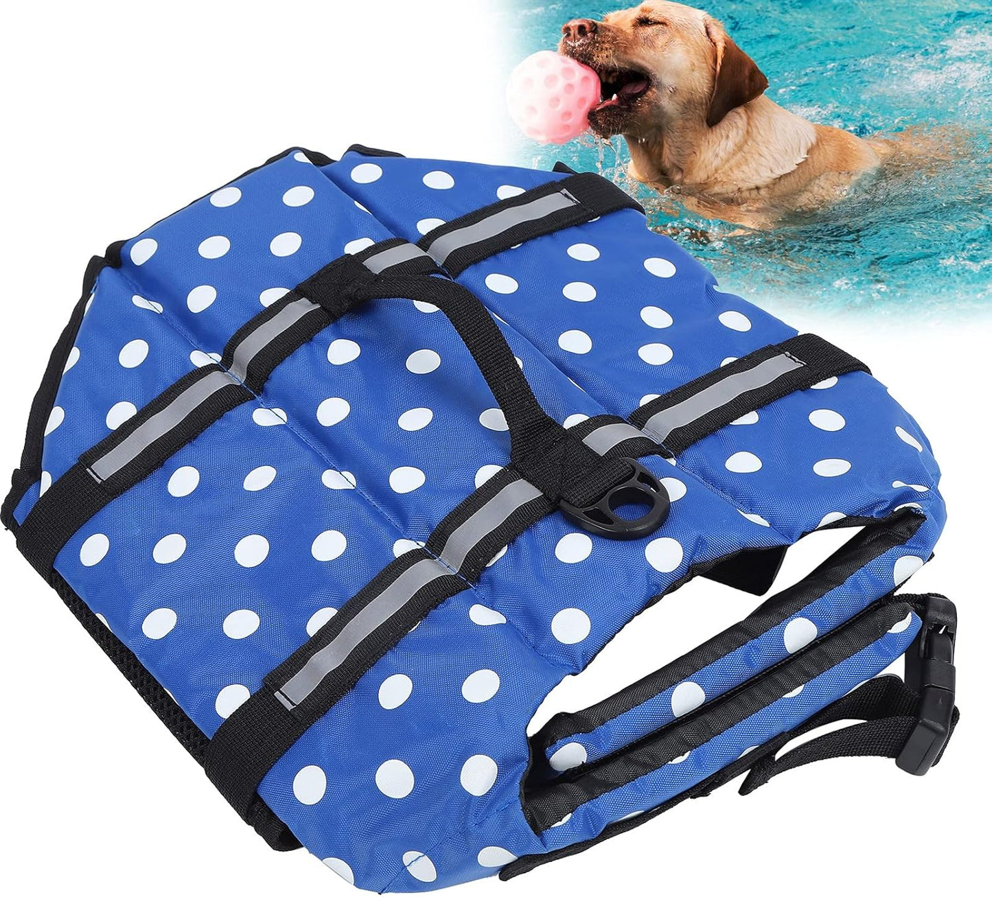 Blue Polka Dot Dog Life Jacket – Buoyant Swim Vest for Small & Medium Dogs | Safety Straps + Rescue Handle + Reflective Strips