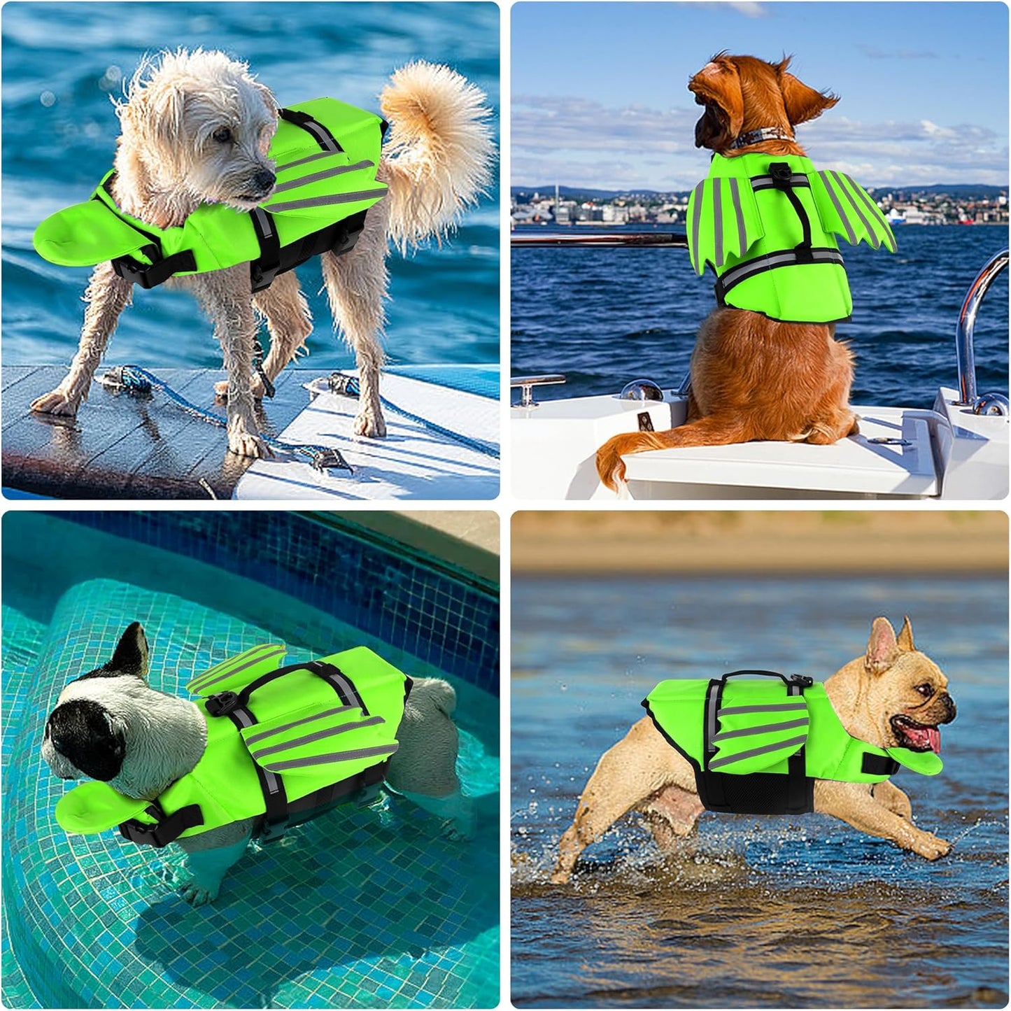 Reflective Green Dog Life Jacket with Wing Fins | Buoyancy Vest for Small & Medium Dogs (Chest 16.1"-24.8") | Safety Handle + Visibility Strips