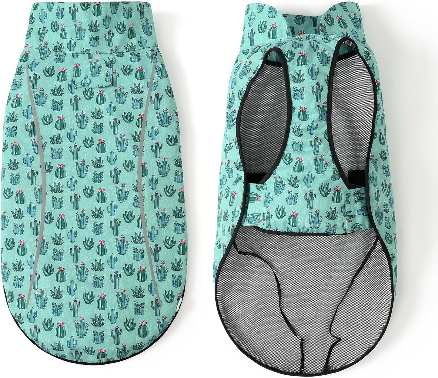 Green Cactus Print Dog Raincoat – Waterproof Jacket for Medium & Large Dogs | High Collar Design + Adjustable Fit + Secure Velcro Closure