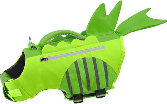 Neon Green Dog Life Jacket with Dinosaur Fish Tail Design | Buoyancy Vest for Small to Medium Dogs | Reflective Trim + Handle