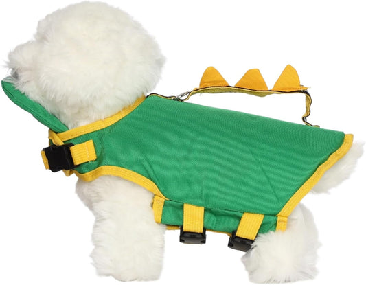 Green Dinosaur Dog Life Jacket – Cute Floatation Vest for Small Dogs | 3D Spine Design + Safety Handle + Secure Buckles