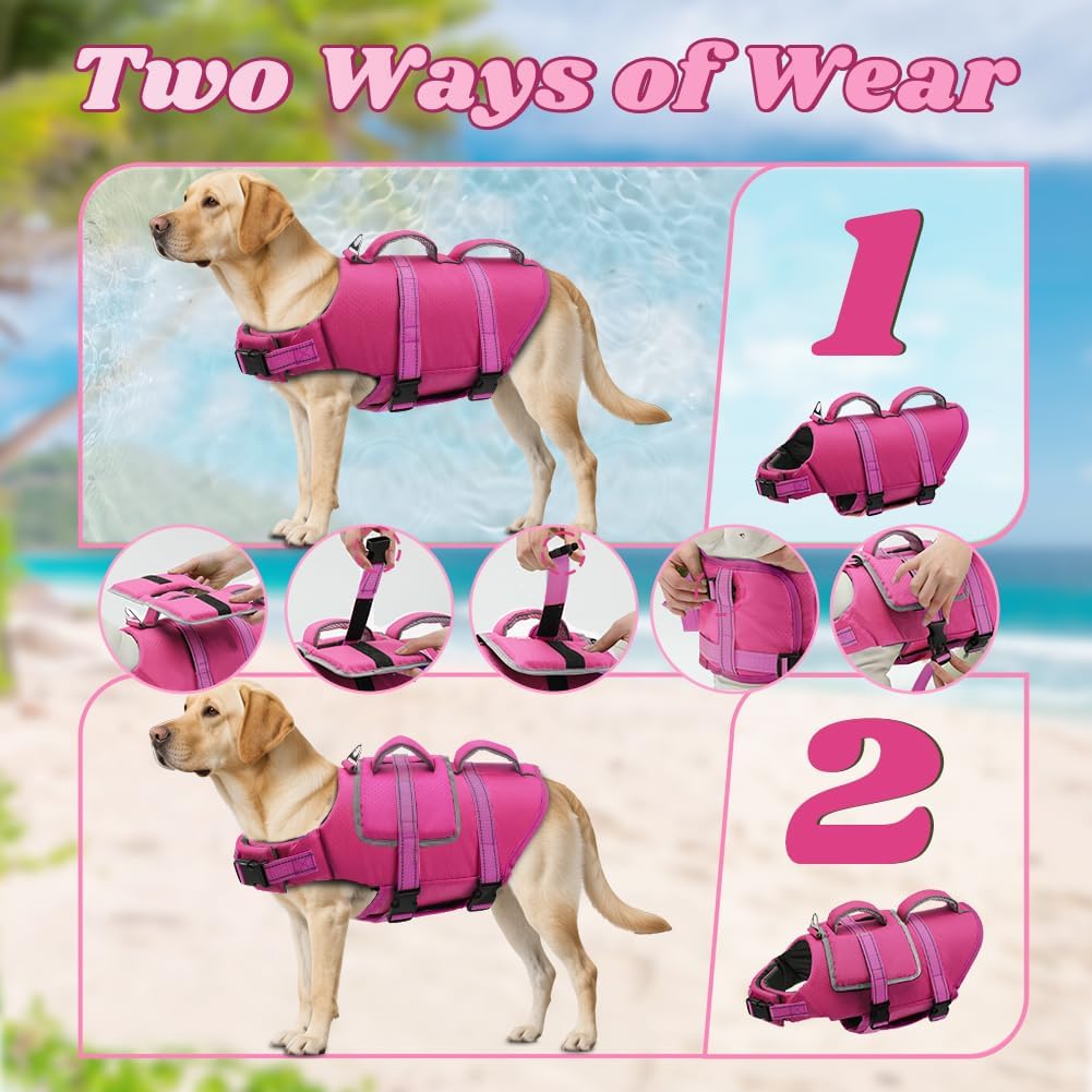 Magenta Dog Life Jacket with Dual Rescue Handles | High Buoyancy Swim Vest for Medium & Large Dogs | Multiple Sizes + Reflective Trim + Safety Straps