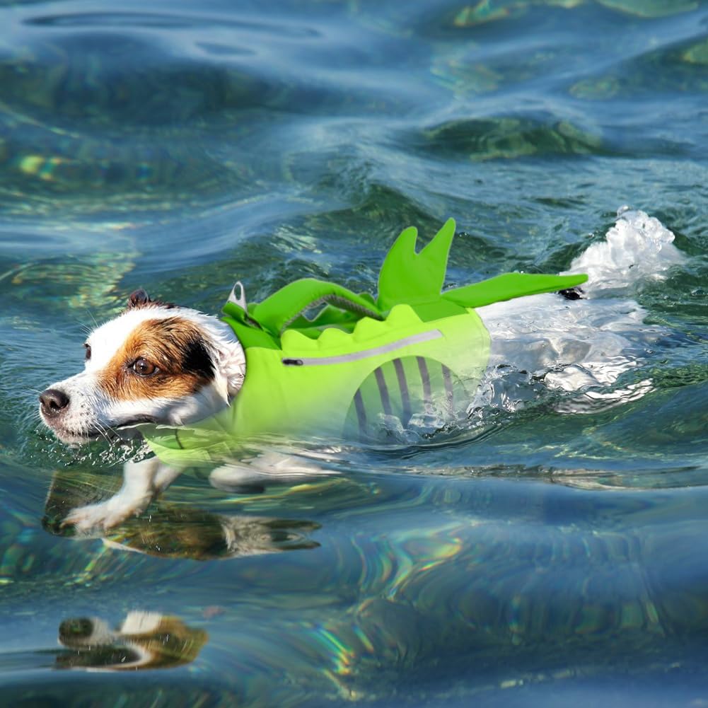 Neon Green Dog Life Jacket with Dinosaur Fish Tail Design | Buoyancy Vest for Small to Medium Dogs | Reflective Trim + Handle
