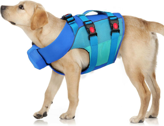 Large Dog Life Jacket – Blue-Green Buoyancy Vest with Dual Handles & Neck Float Support | Heavy-Duty Safety for Swimming & Rehabilitation