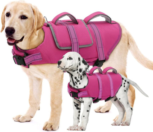 Magenta Dog Life Jacket with Dual Rescue Handles | High Buoyancy Swim Vest for Medium & Large Dogs | Multiple Sizes + Reflective Trim + Safety Straps