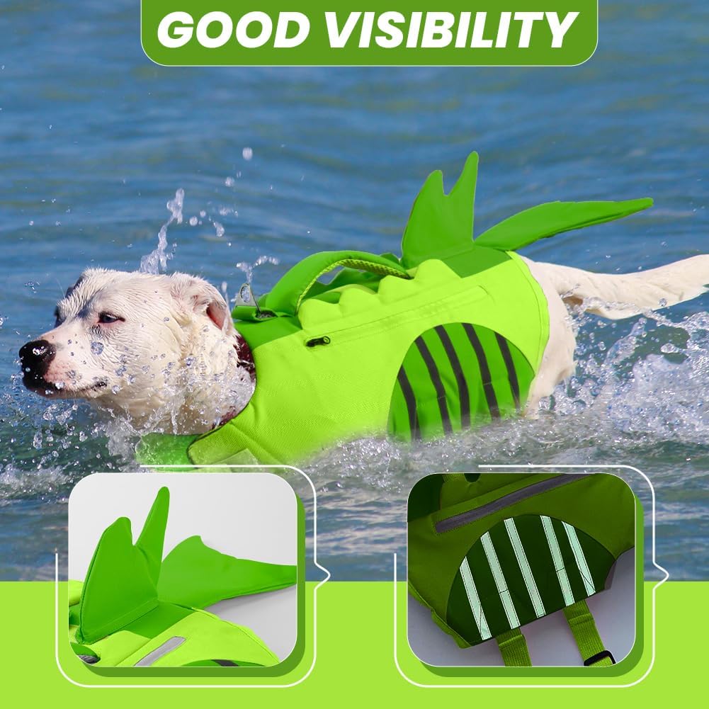 Neon Green Dog Life Jacket with Dinosaur Fish Tail Design | Buoyancy Vest for Small to Medium Dogs | Reflective Trim + Handle
