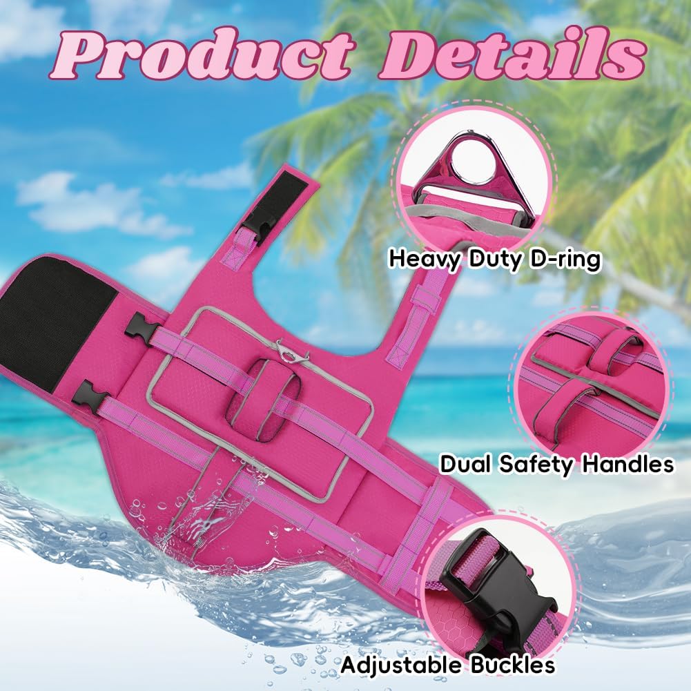 Magenta Dog Life Jacket with Dual Rescue Handles | High Buoyancy Swim Vest for Medium & Large Dogs | Multiple Sizes + Reflective Trim + Safety Straps