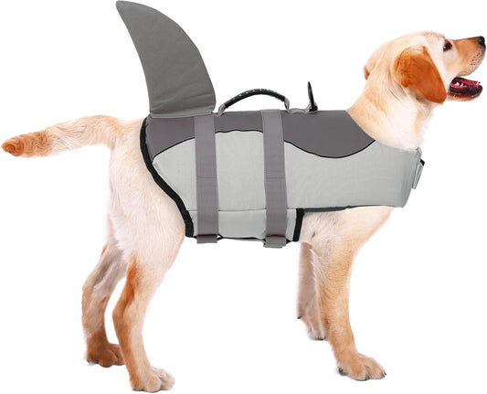 Shark Fin Dog Life Jacket – Grey Buoyancy Vest for Medium & Large Dogs | Adjustable Safety Floatation with Top Handle
