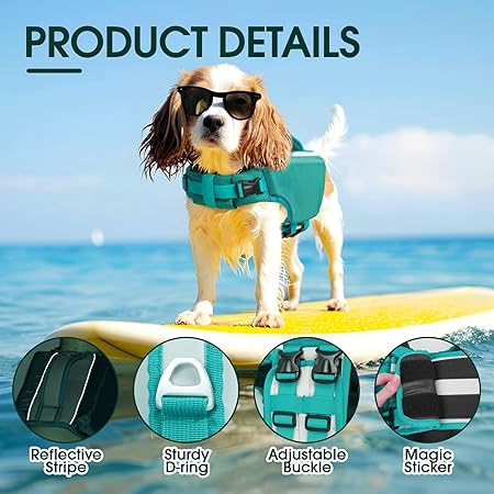 Lake Green Dog Life Jacket   | High-Buoyancy Safety Vest for Medium & Large Dogs | Rescue Handle + Reflective Trim + Quick Buckles