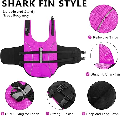 Shark Fin Dog Life Jacket – Pink Safety Vest for Small Dogs | Adjustable Buoyancy with Handle & Waterproof Design