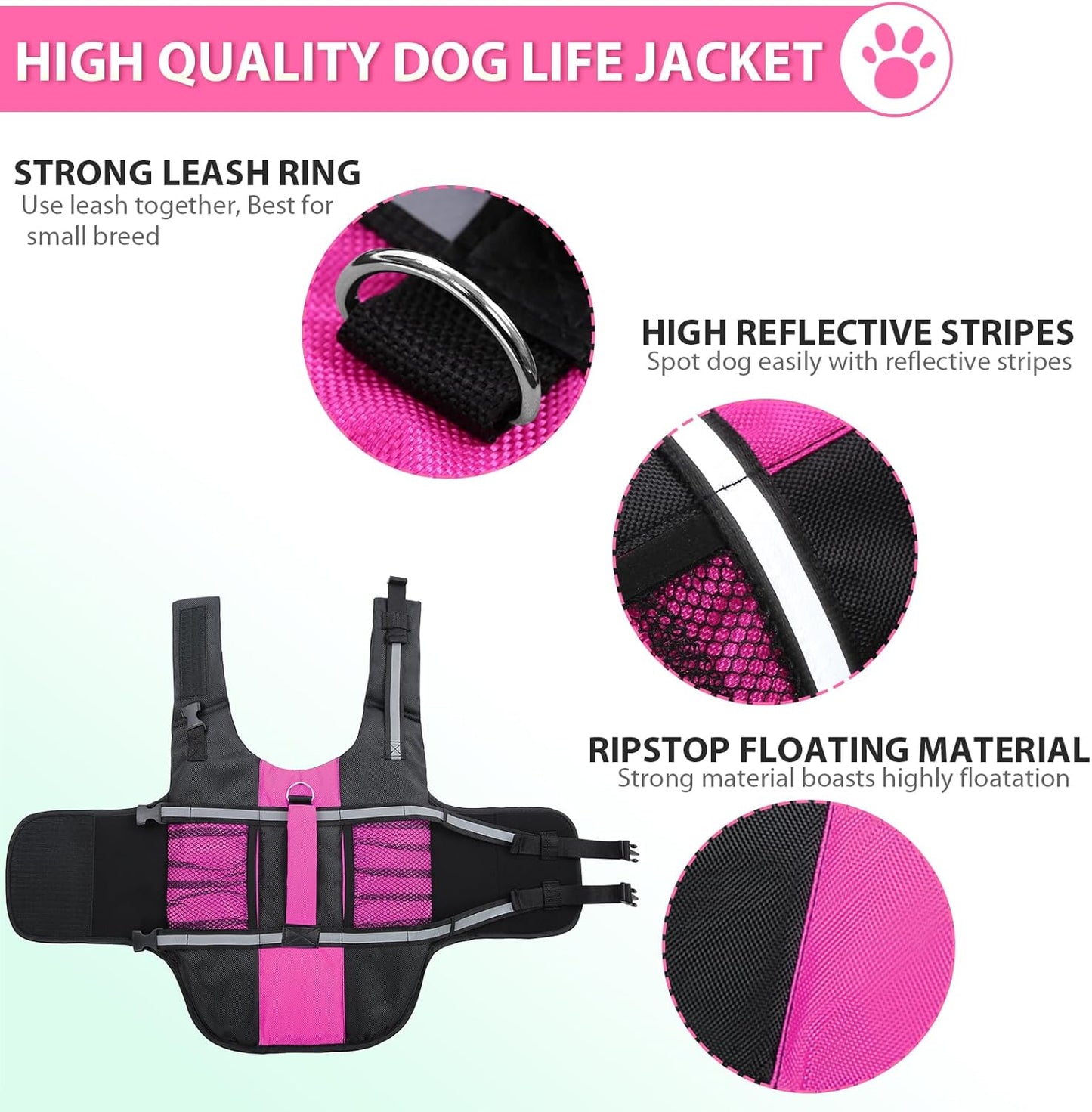 Small Dog Life Jacket – Lightweight Pink & Black Buoyancy Vest for Extra Small Dogs | Safety Handle + Reflective Strips + Mesh Sides