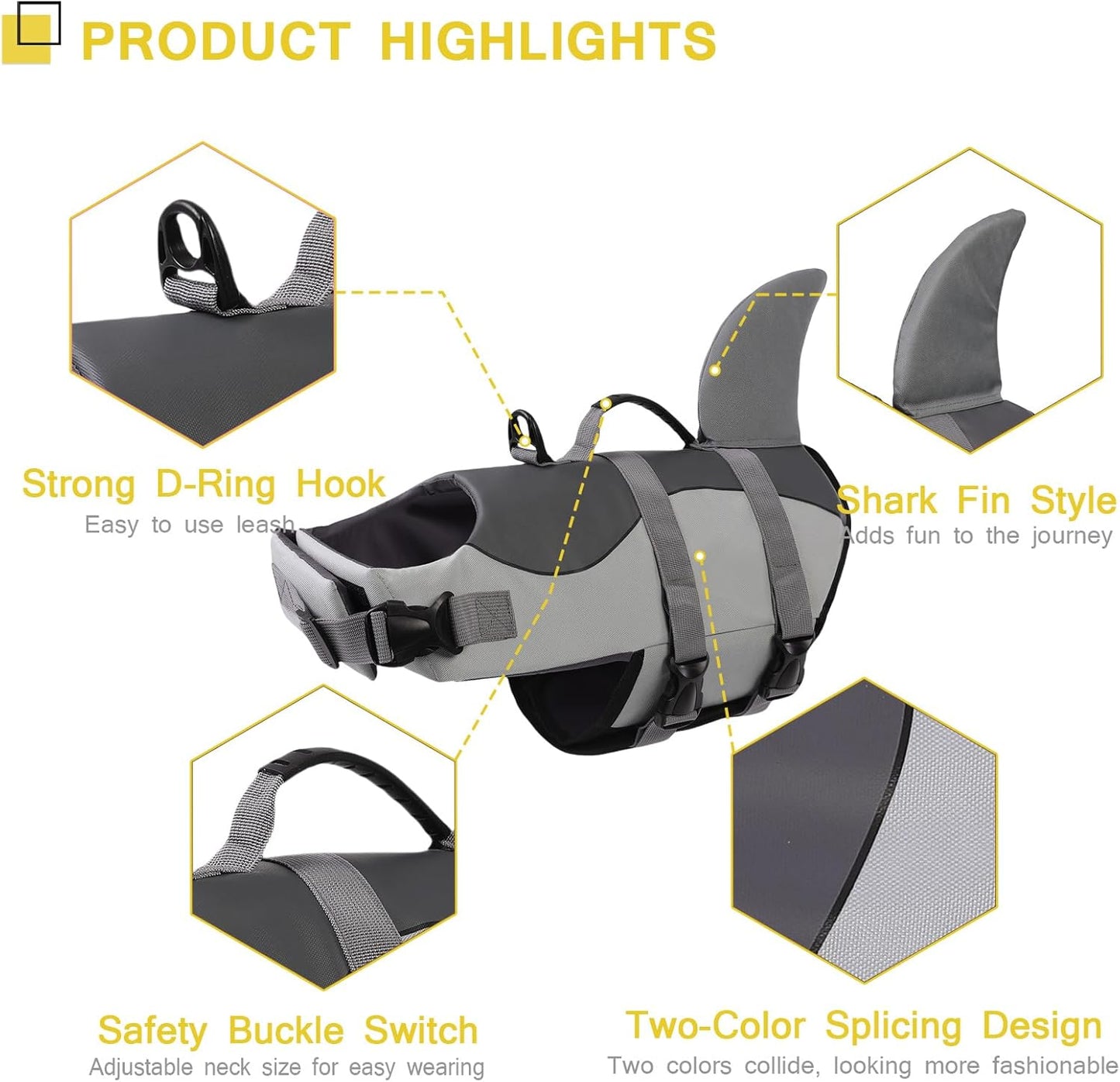 Shark Fin Dog Life Jacket – Grey Buoyancy Vest for Medium & Large Dogs | Adjustable Safety Floatation with Top Handle