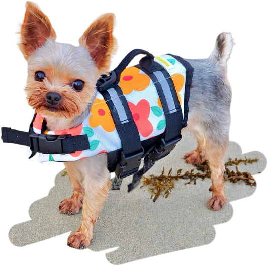 Cartoon Floral Dog Life Jacket – Lightweight Swim Vest for Extra Small Dogs | Safety Handle + Reflective Trim + Adjustable Fit (Chest 10"–14")