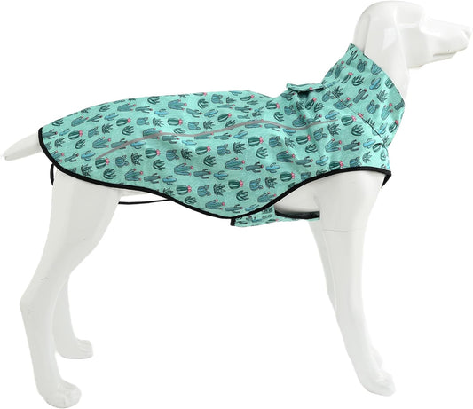 Green Cactus Print Dog Raincoat – Waterproof Jacket for Medium & Large Dogs | High Collar Design + Adjustable Fit + Secure Velcro Closure