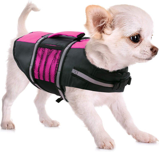 Small Dog Life Jacket – Lightweight Pink & Black Buoyancy Vest for Extra Small Dogs | Safety Handle + Reflective Strips + Mesh Sides