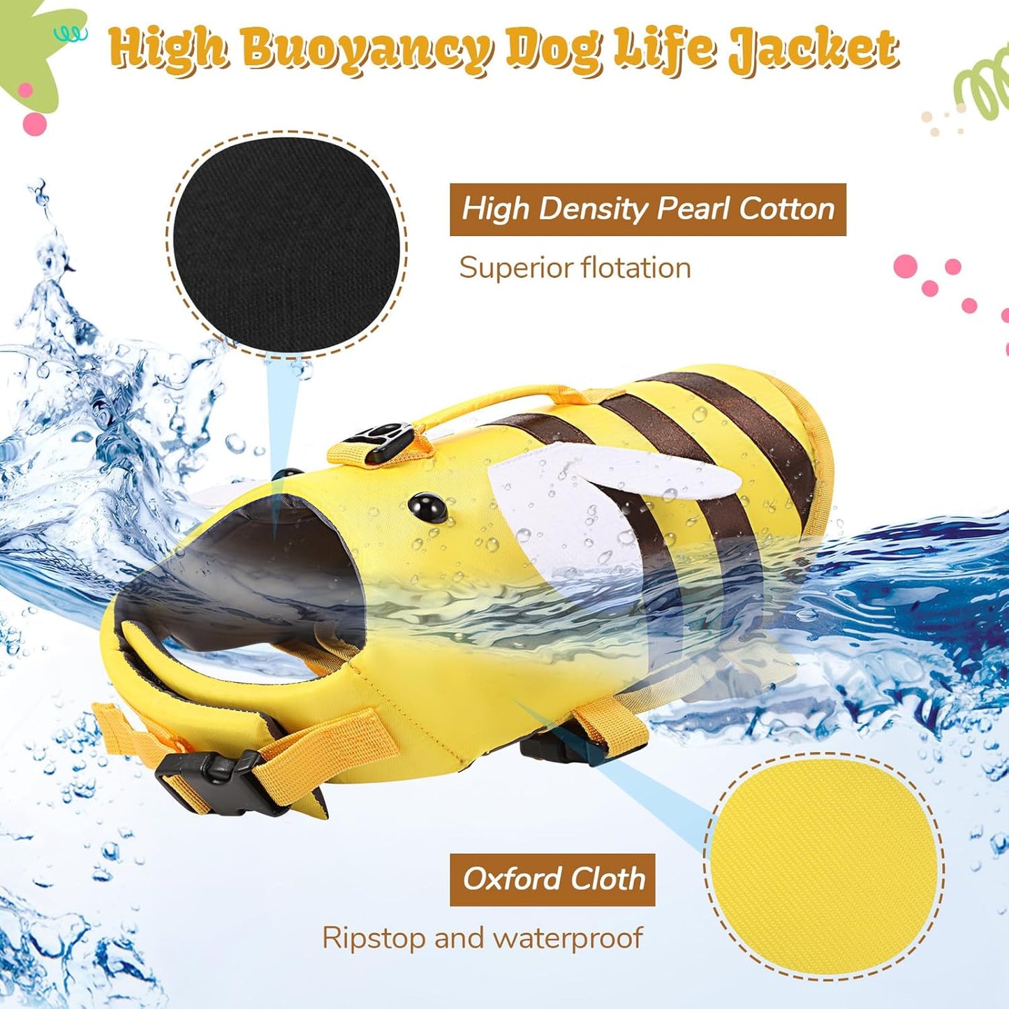 Bee Style Dog Life Jacket – Yellow Swim Vest with Wings for Small Dogs | Safety Handle + Reflective Strips + Buoyancy Support