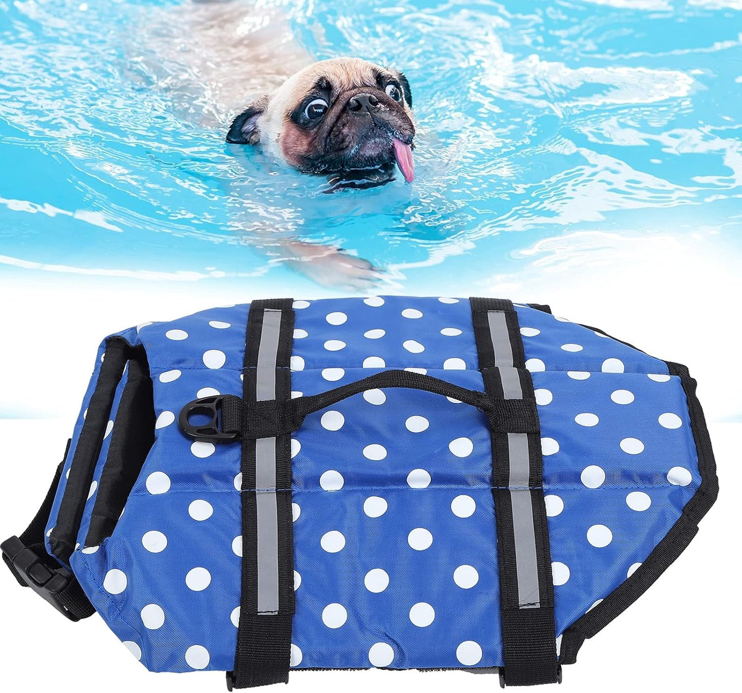 Blue Polka Dot Dog Life Jacket – Buoyant Swim Vest for Small & Medium Dogs | Safety Straps + Rescue Handle + Reflective Strips