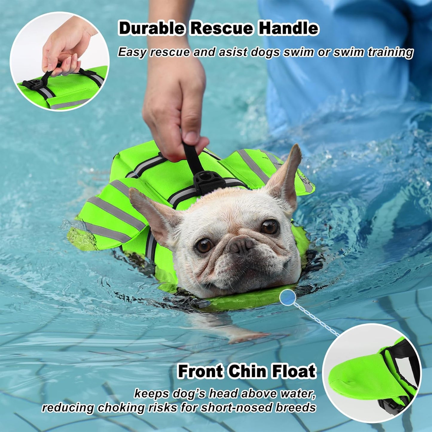 Reflective Green Dog Life Jacket with Wing Fins | Buoyancy Vest for Small & Medium Dogs (Chest 16.1"-24.8") | Safety Handle + Visibility Strips