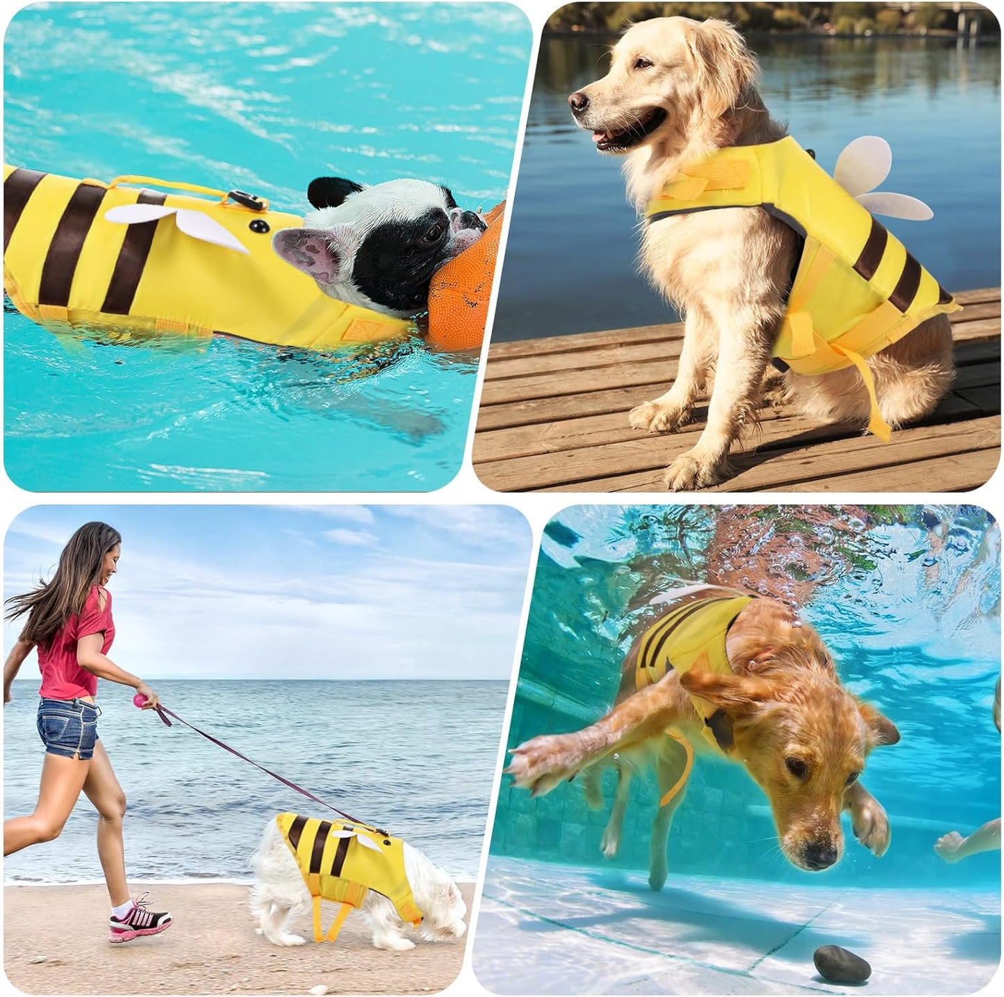 Bee Style Dog Life Jacket – Yellow Swim Vest with Wings for Small Dogs | Safety Handle + Reflective Strips + Buoyancy Support