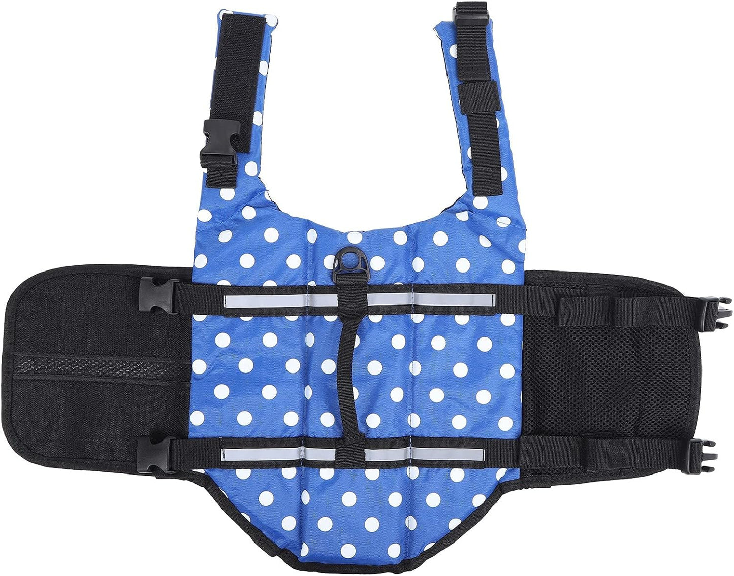 Blue Polka Dot Dog Life Jacket – Buoyant Swim Vest for Small & Medium Dogs | Safety Straps + Rescue Handle + Reflective Strips