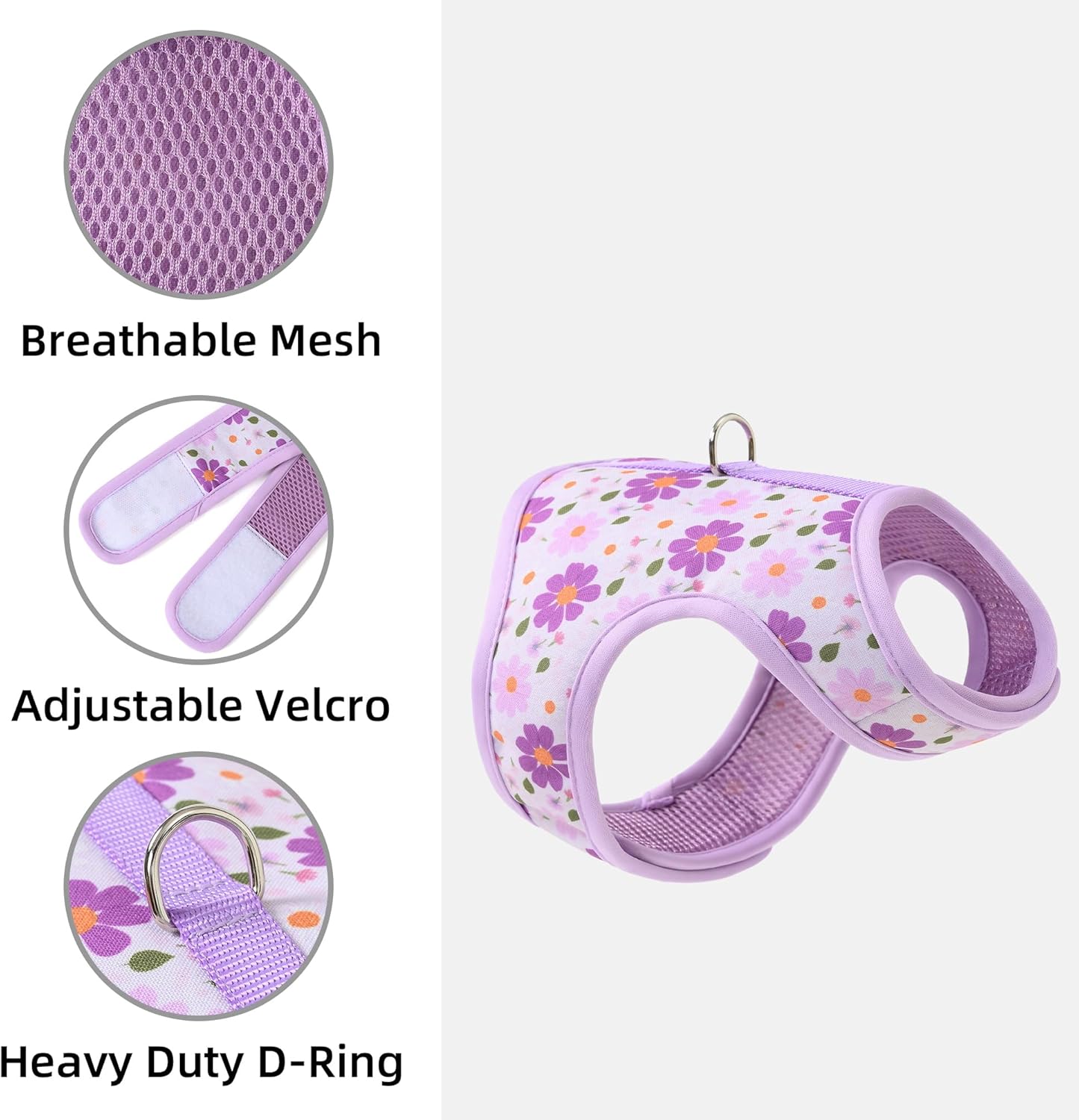 Purple Daisy Dog Harness – Vest-Style Leash Harness for Small Dogs | Soft Breathable Mesh with Floral Print & Gentle Trim