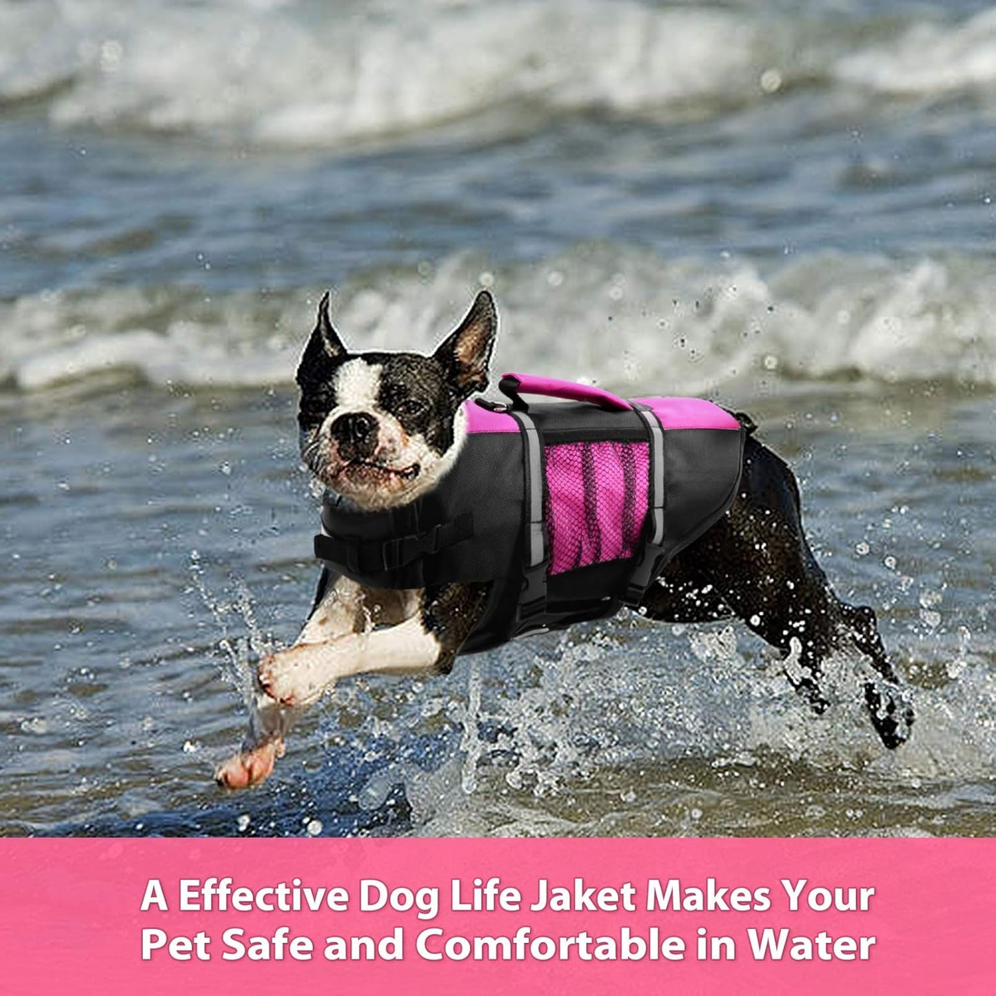 Small Dog Life Jacket – Lightweight Pink & Black Buoyancy Vest for Extra Small Dogs | Safety Handle + Reflective Strips + Mesh Sides