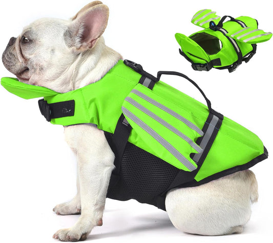 Reflective Green Dog Life Jacket with Wing Fins | Buoyancy Vest for Small & Medium Dogs (Chest 16.1"-24.8") | Safety Handle + Visibility Strips