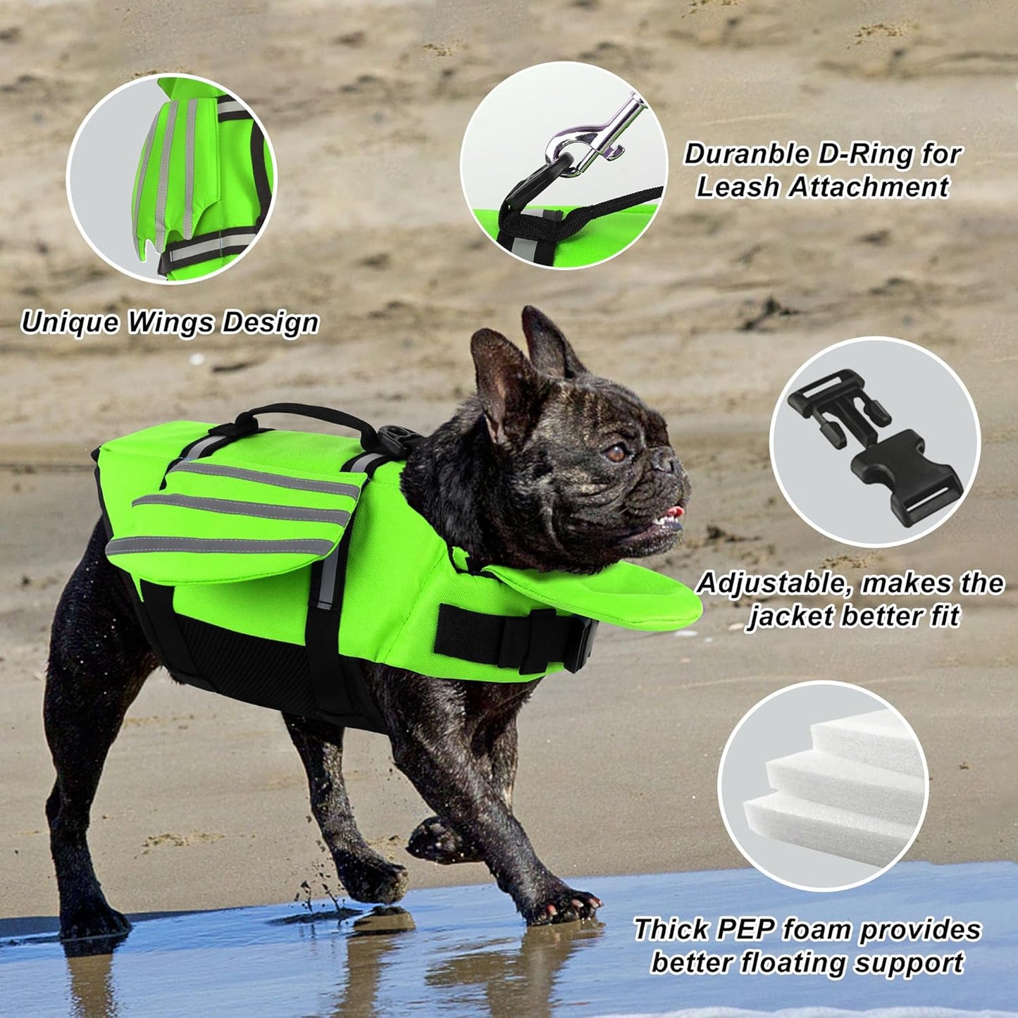 Reflective Green Dog Life Jacket with Wing Fins | Buoyancy Vest for Small & Medium Dogs (Chest 16.1"-24.8") | Safety Handle + Visibility Strips