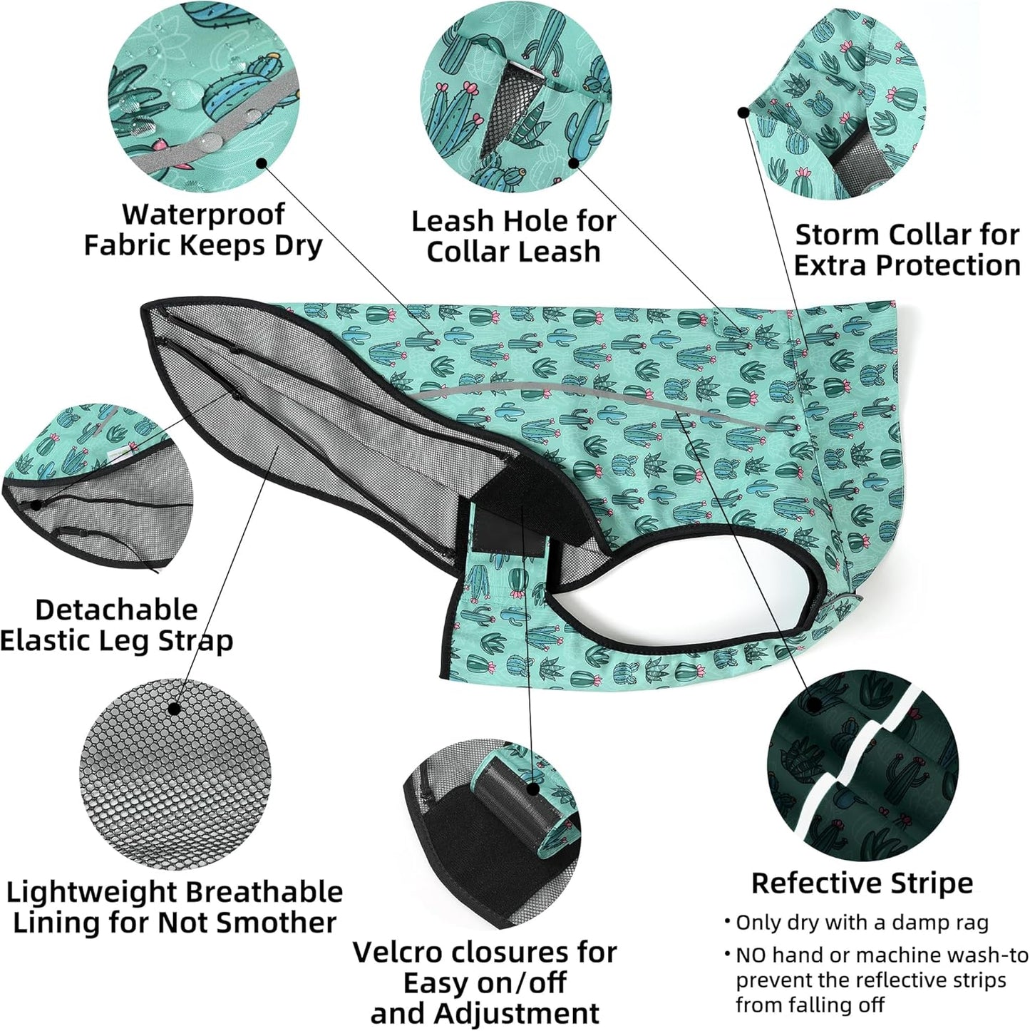 Green Cactus Print Dog Raincoat – Waterproof Jacket for Medium & Large Dogs | High Collar Design + Adjustable Fit + Secure Velcro Closure